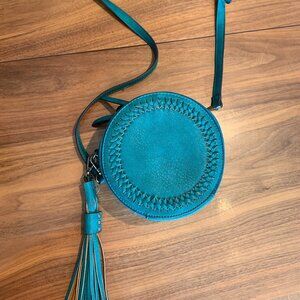 Ampere purse, cross body, mini, holds iphone, round, vegan leather, turquoise